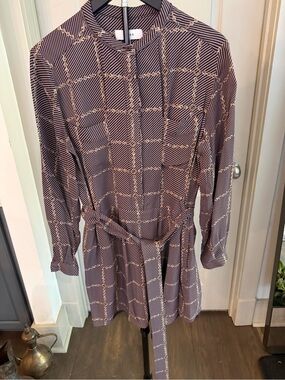 Reiss Purple Printed Long Sleeve Belted Dress